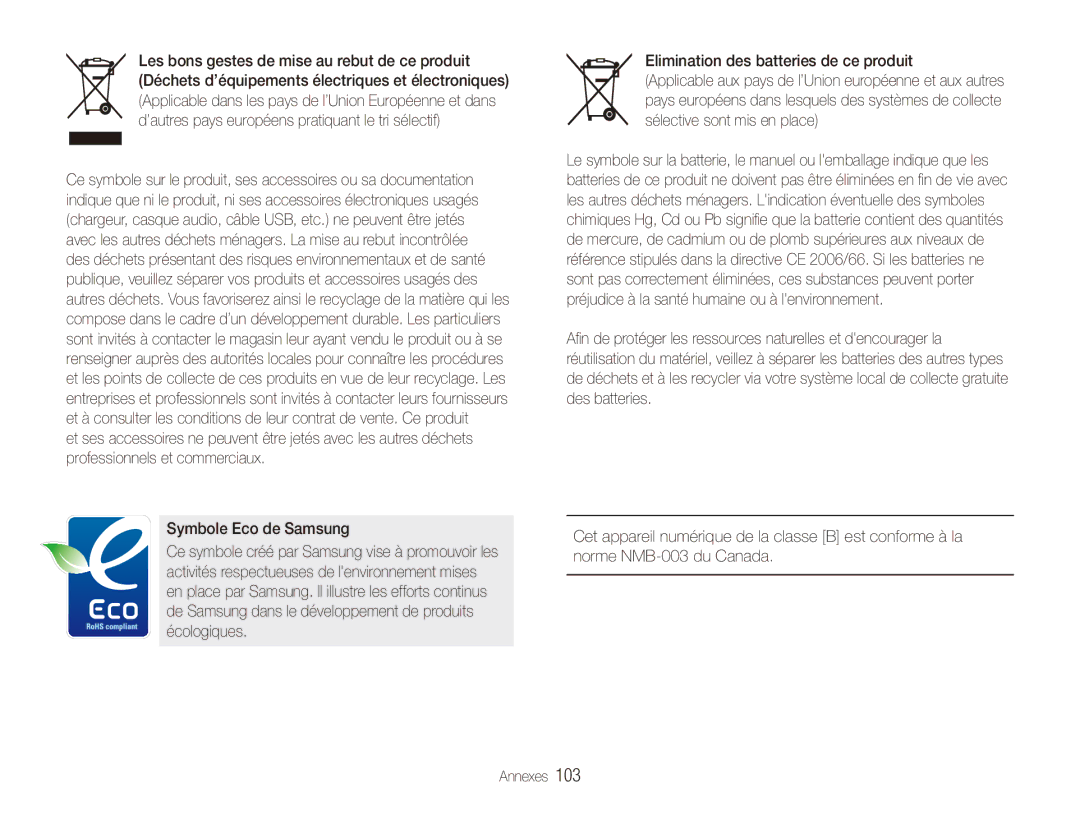 Samsung EC-PL151ZBDLE1, EC-PL150ZBPRGB, EC-PL151ZBDRE1, EC-PL150ZBPUE1 manual Elimination des batteries de ce produit 