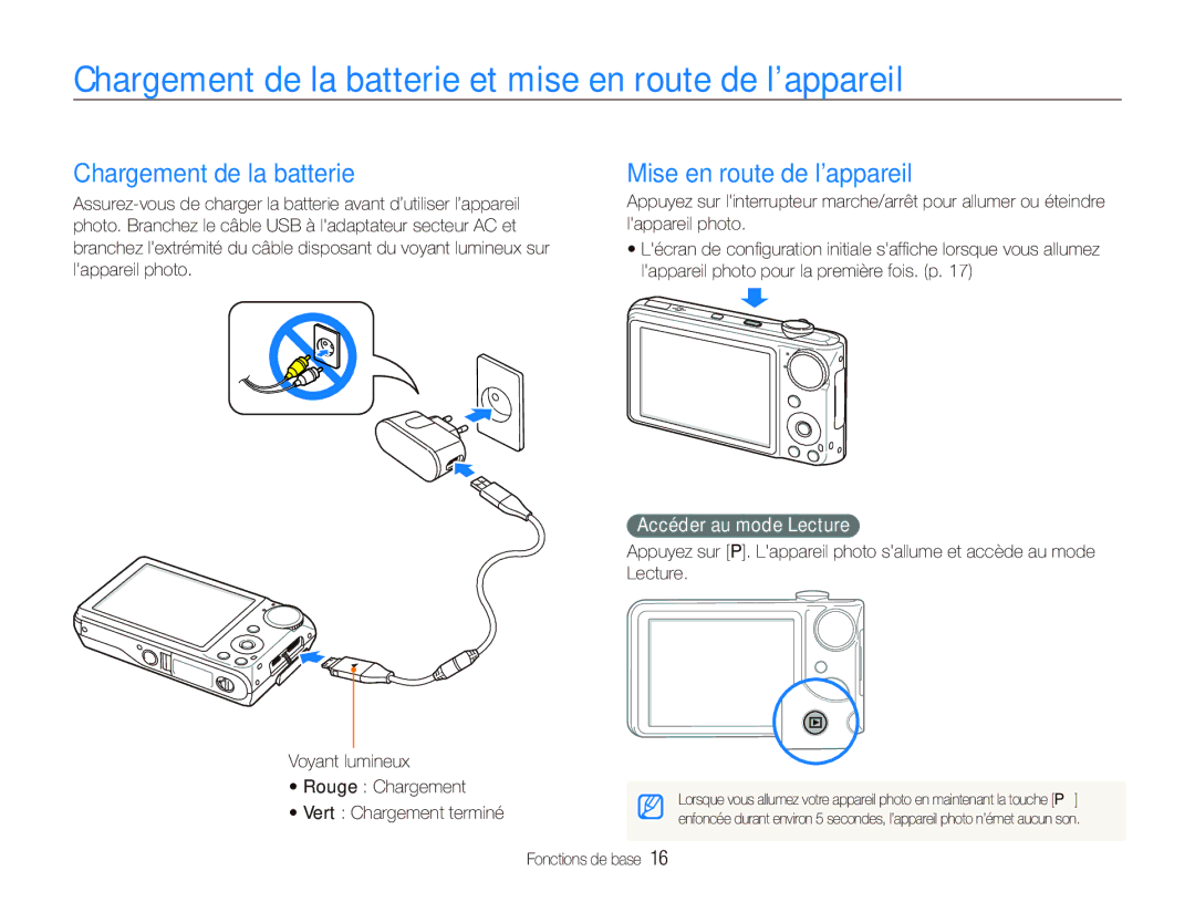 Samsung EC-PL150ZBPRGB, EC-PL151ZBDLE1 Chargement de la batterie et mise en route de lappareil, Mise en route de lappareil 