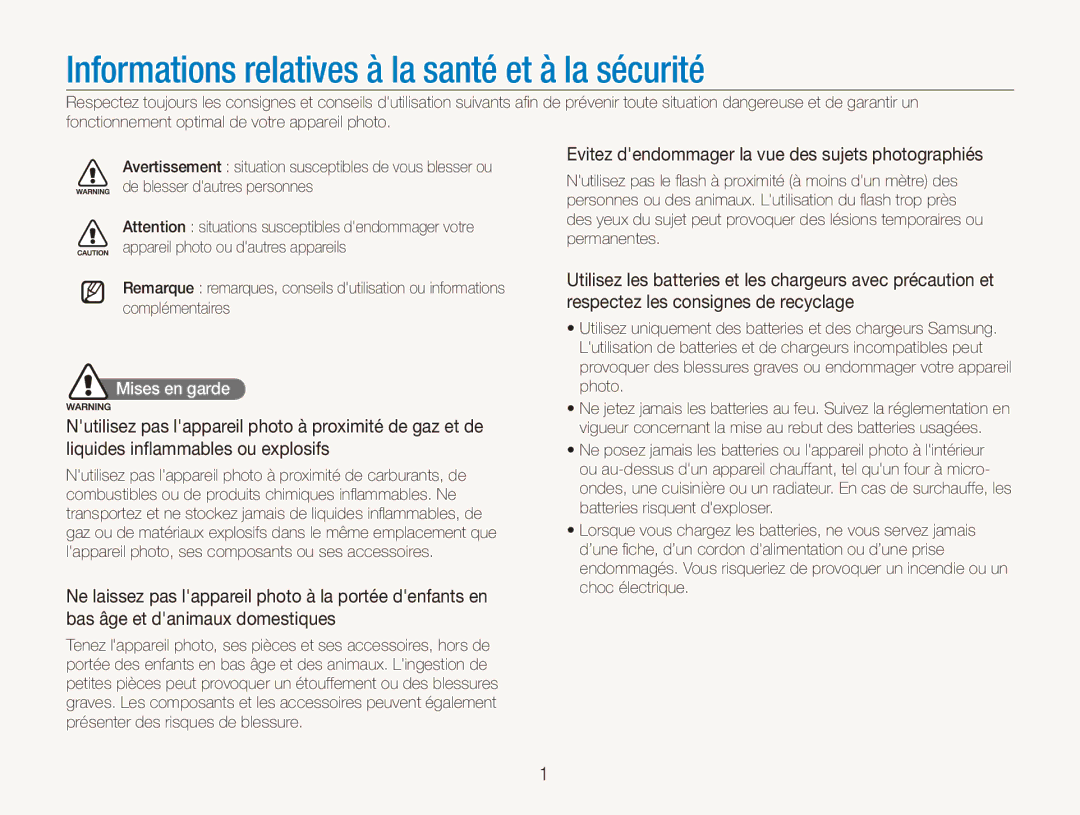 Samsung EC-PL151ZBDRE1, EC-PL151ZBDLE1, EC-PL150ZBPRGB Informations relatives à la santé et à la sécurité, Mises en garde 