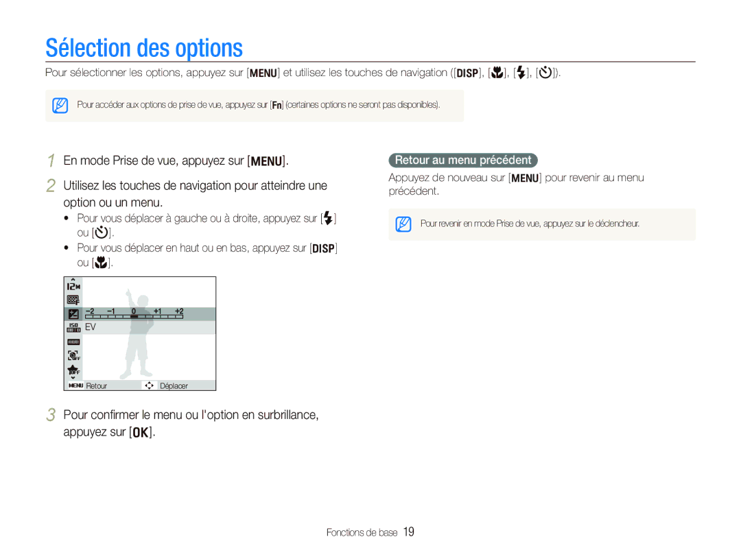 Samsung EC-PL150ZBPRE1, EC-PL151ZBDLE1, EC-PL150ZBPRGB, EC-PL151ZBDRE1 manual Sélection des options, Retour au menu précédent 