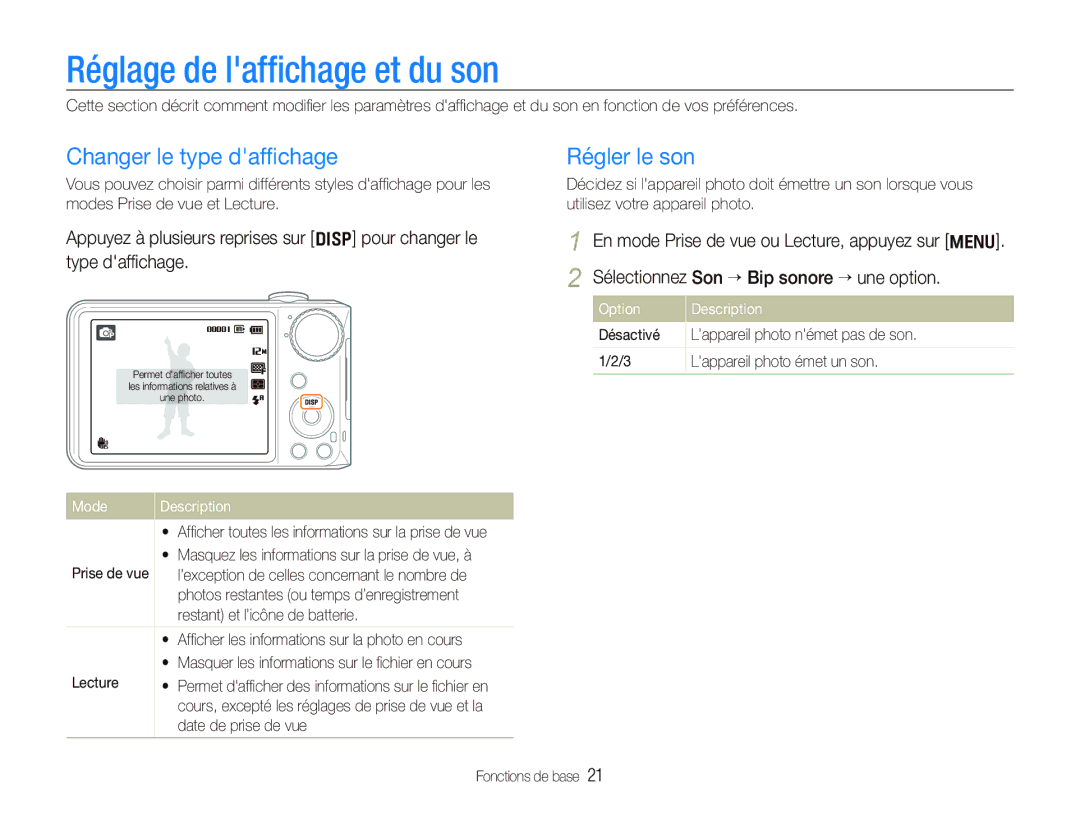 Samsung EC-PL151ZBDUE1 manual Réglage de lafﬁchage et du son, Changer le type dafﬁchage, Régler le son, Mode Description 