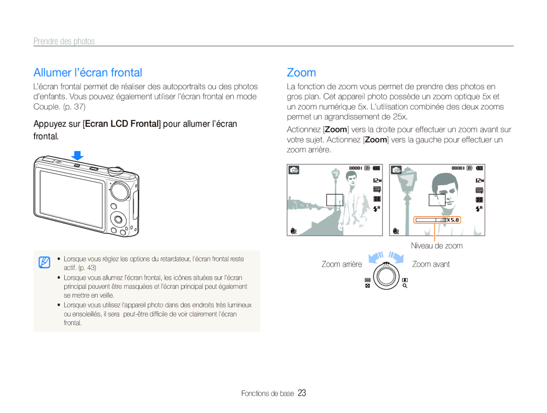 Samsung EC-PL151ZBDLE1, EC-PL150ZBPRGB, EC-PL151ZBDRE1, EC-PL150ZBPUE1 Allumer l’écran frontal, Zoom, Prendre des photos 