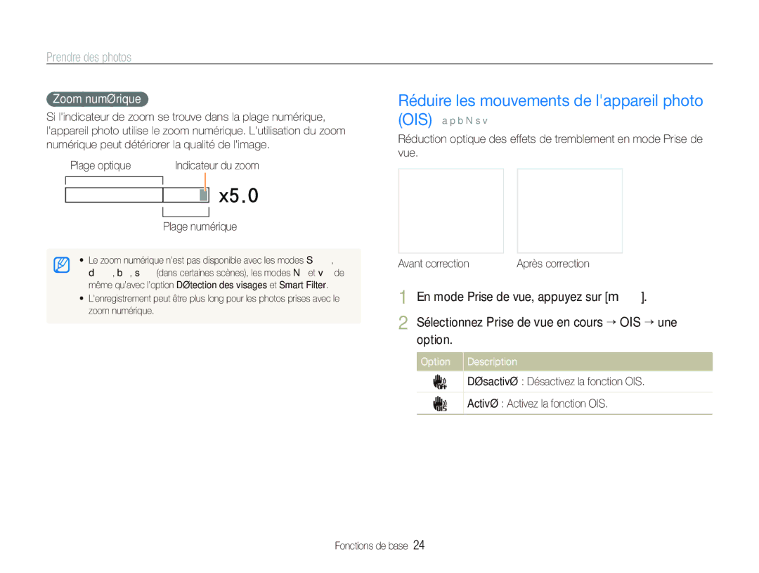 Samsung EC-PL150ZBPRGB, EC-PL151ZBDLE1 manual Réduire les mouvements de lappareil photo OIS, Zoom numérique, Plage numérique 