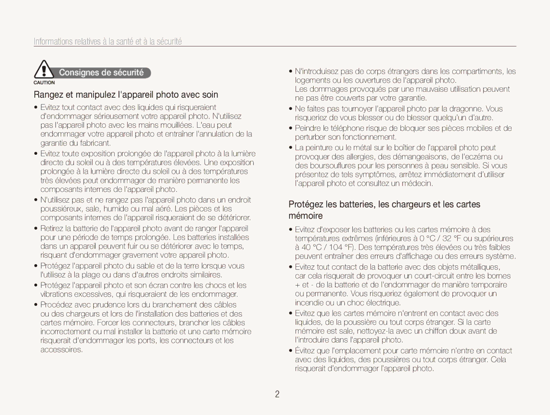 Samsung EC-PL150ZBPUE1 Informations﻿relatives à la santé et à la sécurité, Rangez et manipulez lappareil photo avec soin 