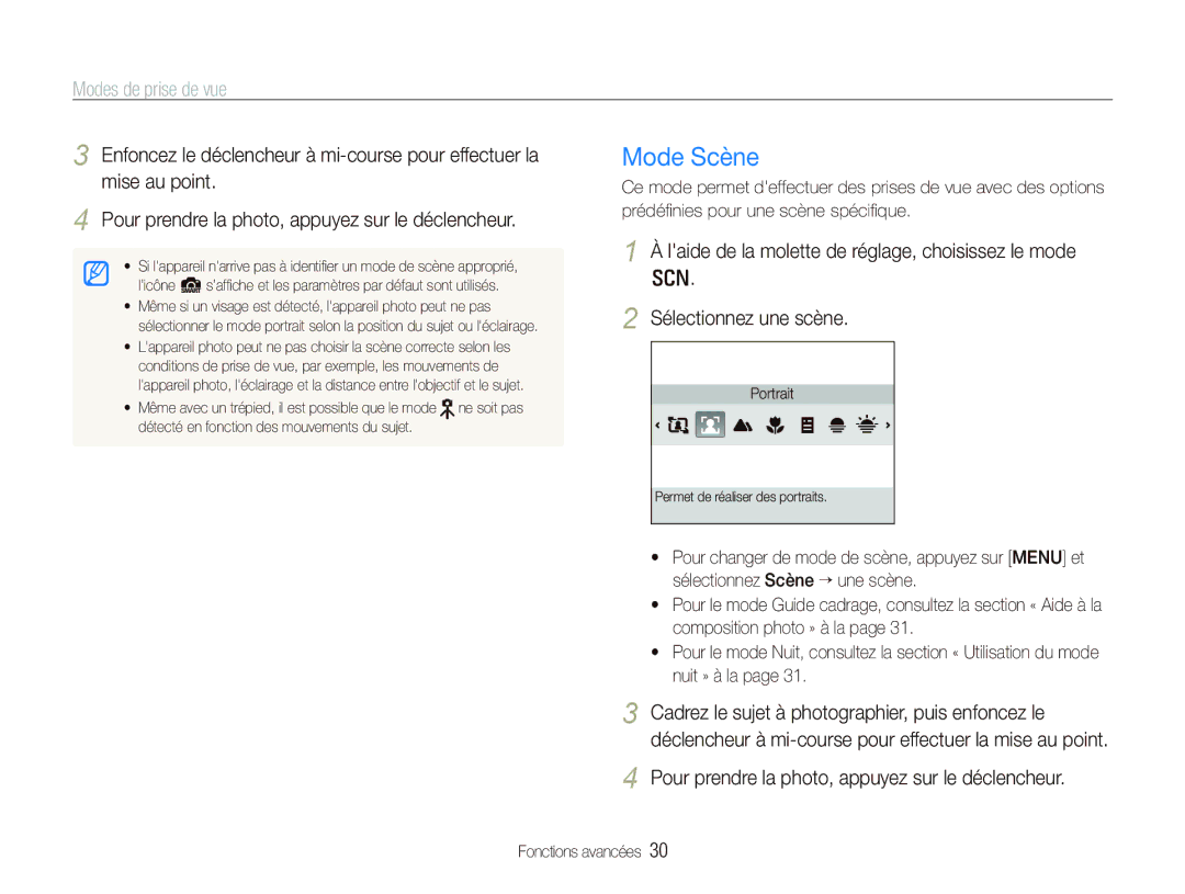 Samsung EC-PL150ZBPLE2, EC-PL151ZBDLE1, EC-PL150ZBPRGB, EC-PL151ZBDRE1, EC-PL150ZBPUE1 manual Mode Scène, Modes de prise de vue 