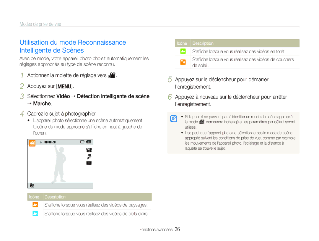 Samsung EC-PL150ZBPLE1, EC-PL151ZBDLE1, EC-PL150ZBPRGB manual Utilisation du mode Reconnaissance Intelligente de Scènes 