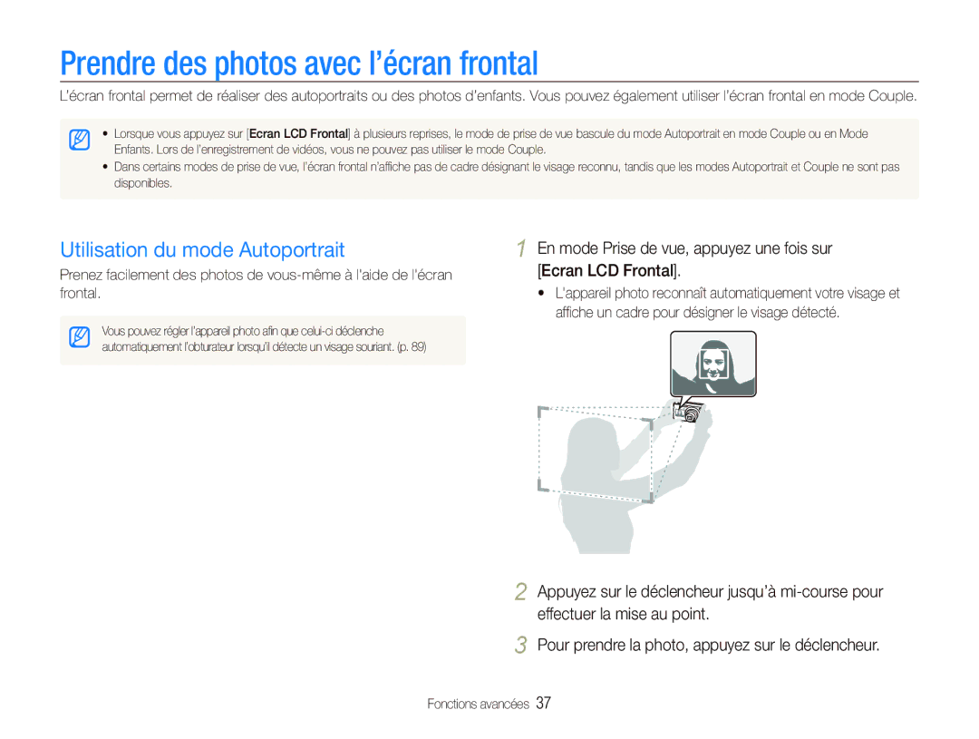 Samsung EC-PL151ZBDUE1, EC-PL151ZBDLE1 manual Prendre des photos avec l’écran frontal, Utilisation du mode Autoportrait 