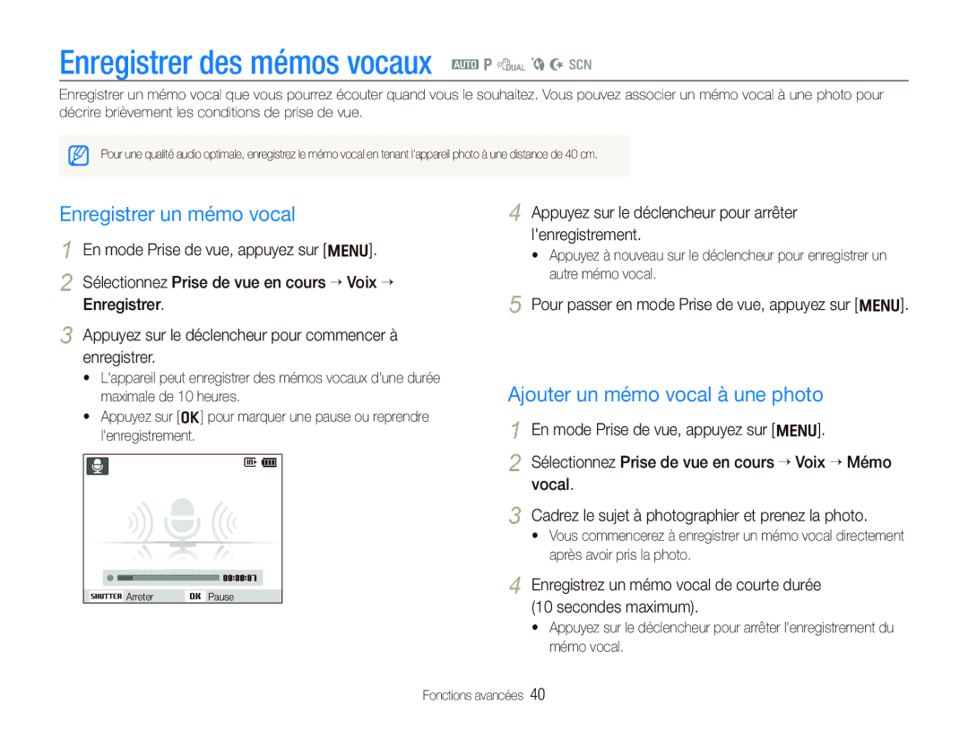 Samsung EC-PL150ZBPRGB, EC-PL151ZBDLE1, EC-PL151ZBDRE1 Enregistrer des mémos vocaux a p d b N s, Enregistrer un mémo vocal 