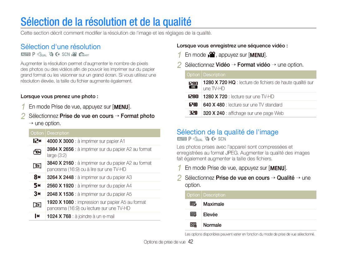 Samsung EC-PL150ZBPUE1, EC-PL151ZBDLE1 manual Sélection de la résolution et de la qualité, Sélection dune résolution 