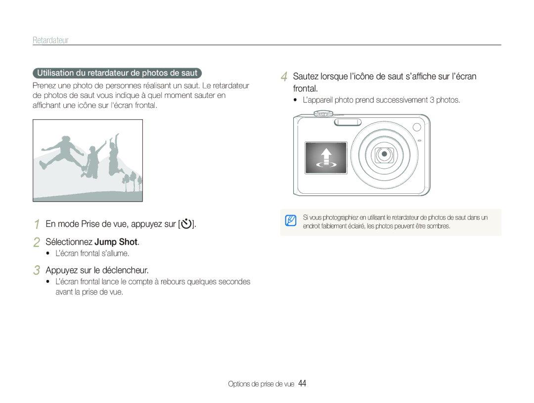 Samsung EC-PL150ZBPLE1, EC-PL151ZBDLE1 manual Retardateur, Sautez lorsque l’icône de saut s’afﬁche sur l’écran frontal 