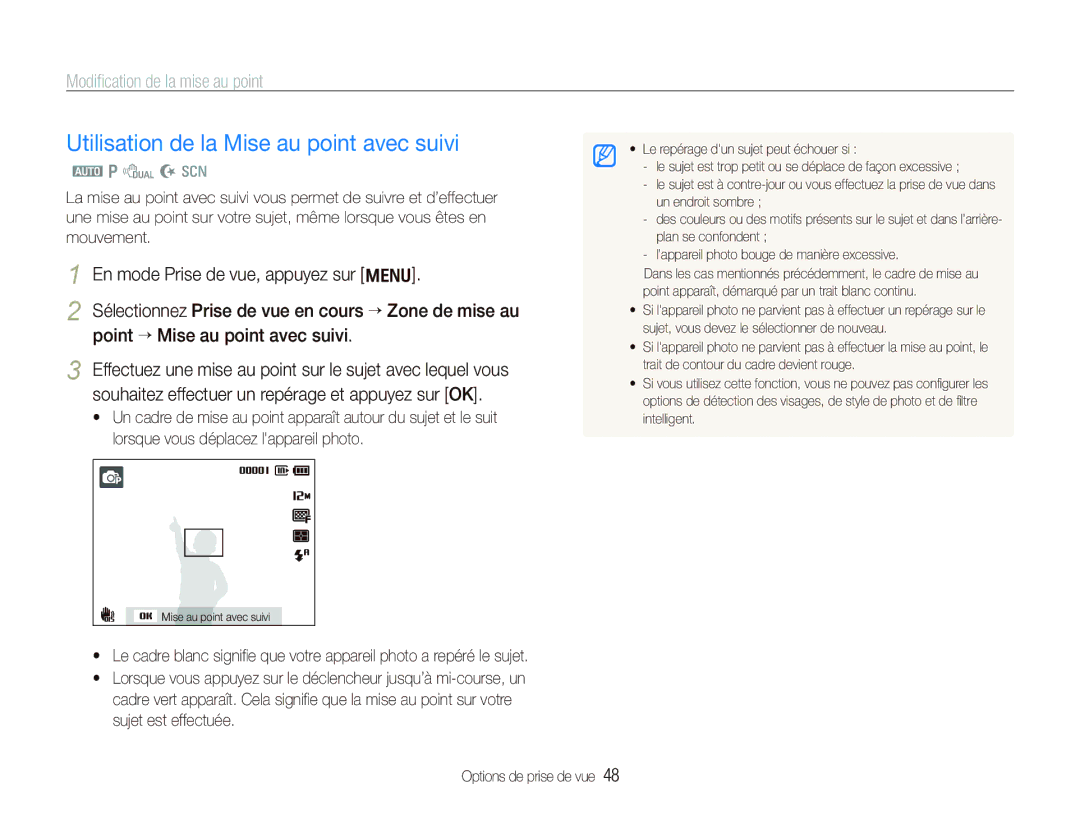 Samsung EC-PL150ZBPRGB Utilisation de la Mise au point avec suivi, Modiﬁcation de la mise au point, Sujet est effectuée 