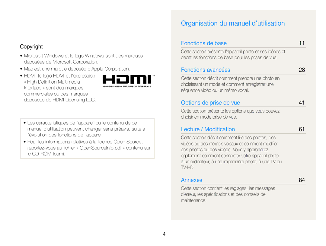 Samsung EC-PL150ZBPLE1, EC-PL151ZBDLE1 manual Organisation du manuel dutilisation, Copyright, Choisir en mode prise de vue 