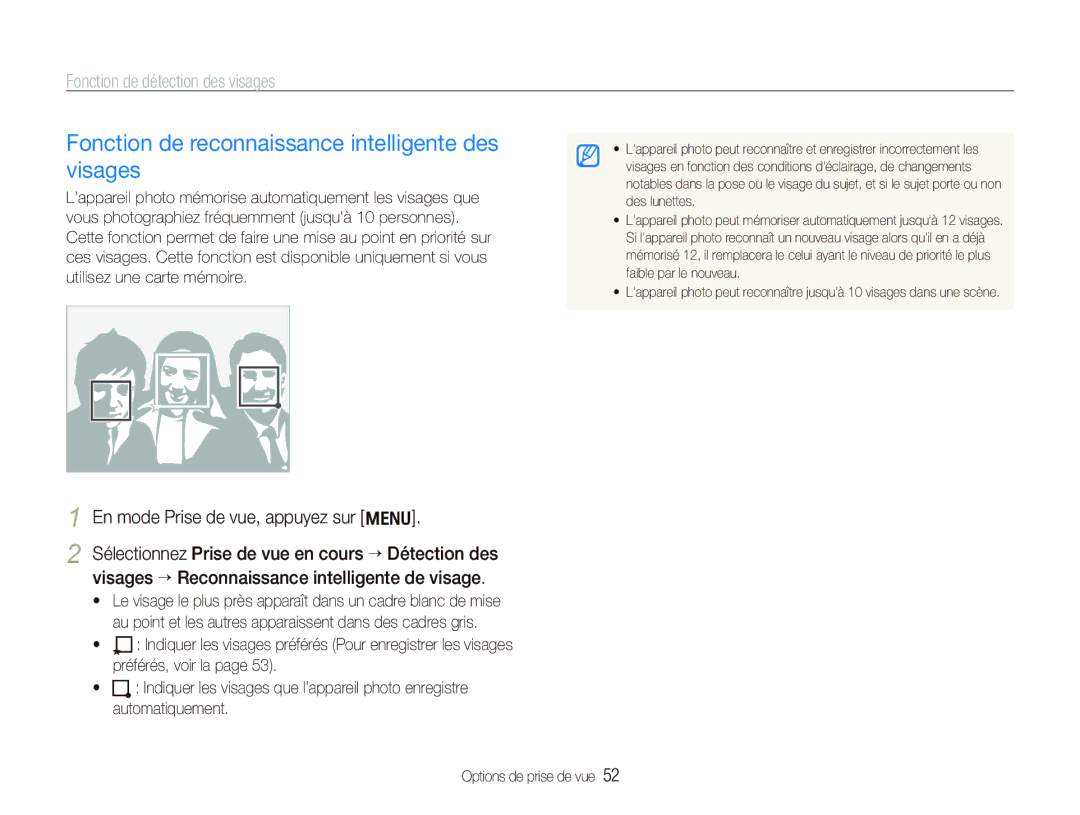 Samsung EC-PL150ZBPLE1 manual Fonction de reconnaissance intelligente des visages, En mode Prise de vue, appuyez sur m 