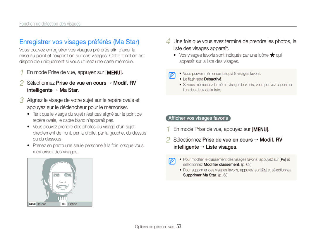 Samsung EC-PL151ZBDUE1, EC-PL151ZBDLE1 manual Enregistrer vos visages préférés Ma Star, Afﬁcher vos visages favoris 