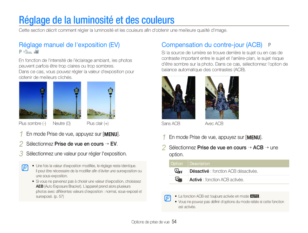 Samsung EC-PL150ZBPLE2, EC-PL151ZBDLE1 manual Réglage de la luminosité et des couleurs, Réglage manuel de lexposition EV 