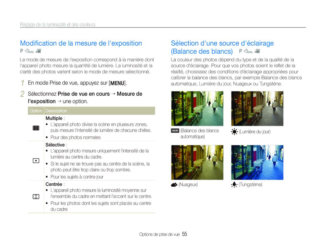 Samsung EC-PL151ZBDLE1 Modiﬁcation de la mesure de lexposition, Sélection dune source déclairage Balance des blancs p d 