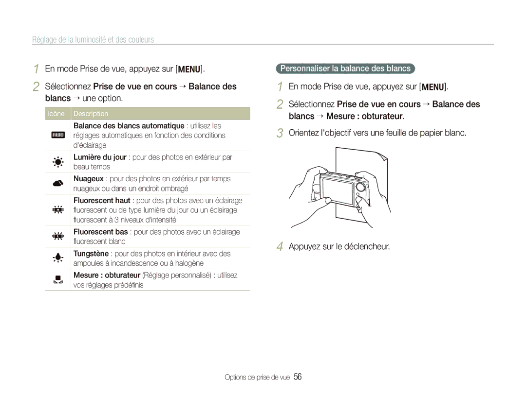 Samsung EC-PL150ZBPRGB, EC-PL151ZBDLE1, EC-PL151ZBDRE1 manual Personnaliser la balance des blancs, Icône Description 