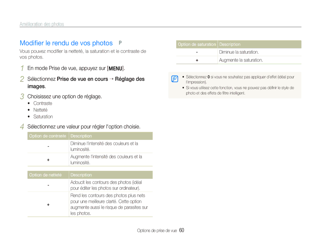 Samsung EC-PL150ZBPLE1 manual Modiﬁer le rendu de vos photos p, Sélectionnez une valeur pour régler loption choisie 