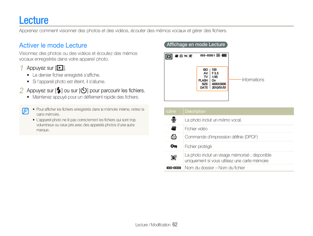 Samsung EC-PL150ZBPLE2 manual Activer le mode Lecture, Appuyez sur P, Appuyez sur F ou sur t pour parcourir les ﬁchiers 