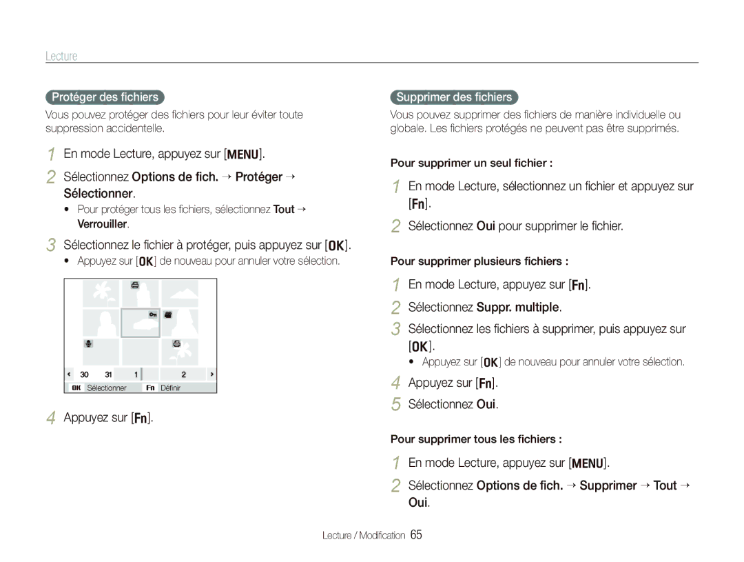 Samsung EC-PL151ZBDRE1 manual Sélectionnez le ﬁchier à protéger, puis appuyez sur o, Appuyez sur f, Protéger des ﬁchiers 