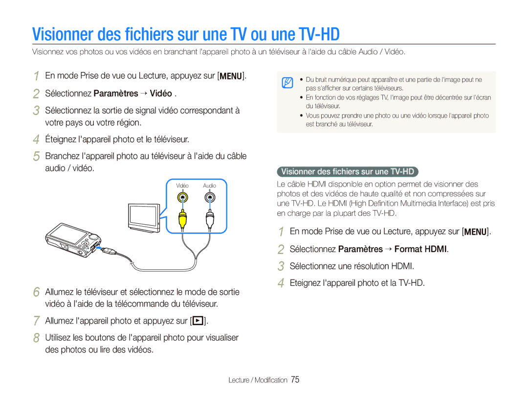 Samsung EC-PL150ZBPRE1, EC-PL151ZBDLE1 Visionner des ﬁchiers sur une TV ou une TV-HD, Visionner des ﬁchiers sur une TV-HD 