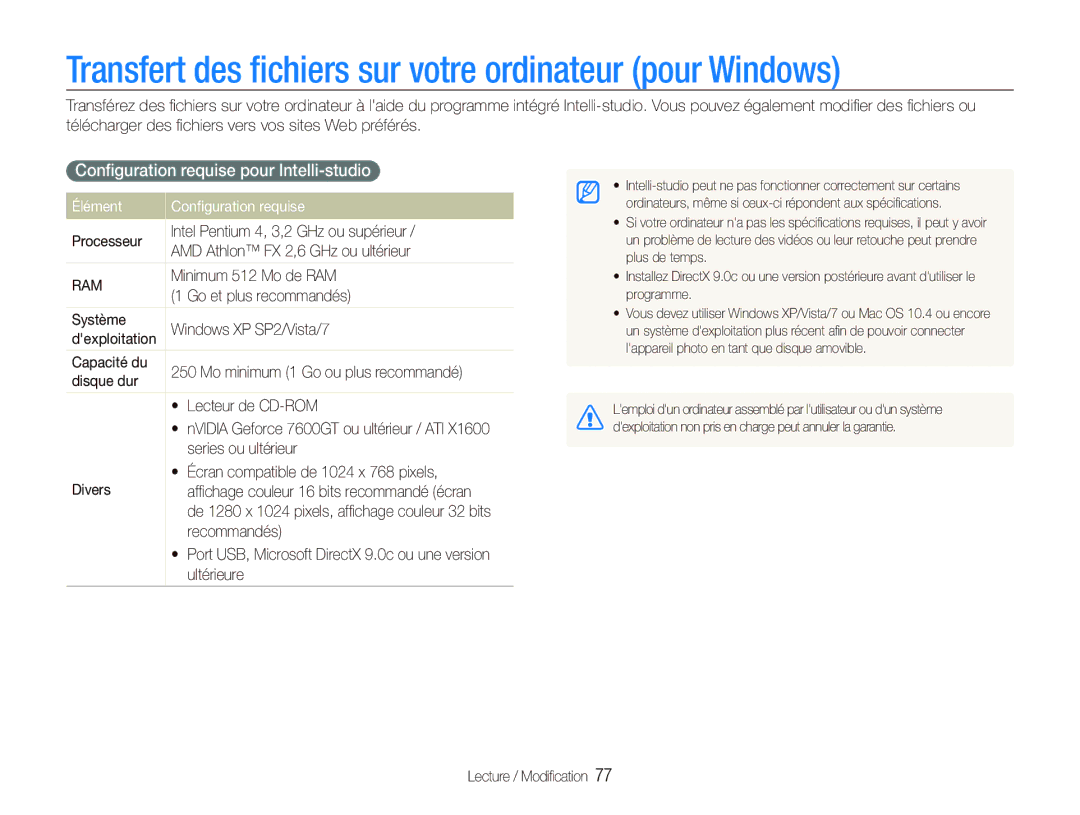 Samsung EC-PL151ZBDUE1 Transfert des ﬁchiers sur votre ordinateur pour Windows, Conﬁguration requise pour Intelli-studio 