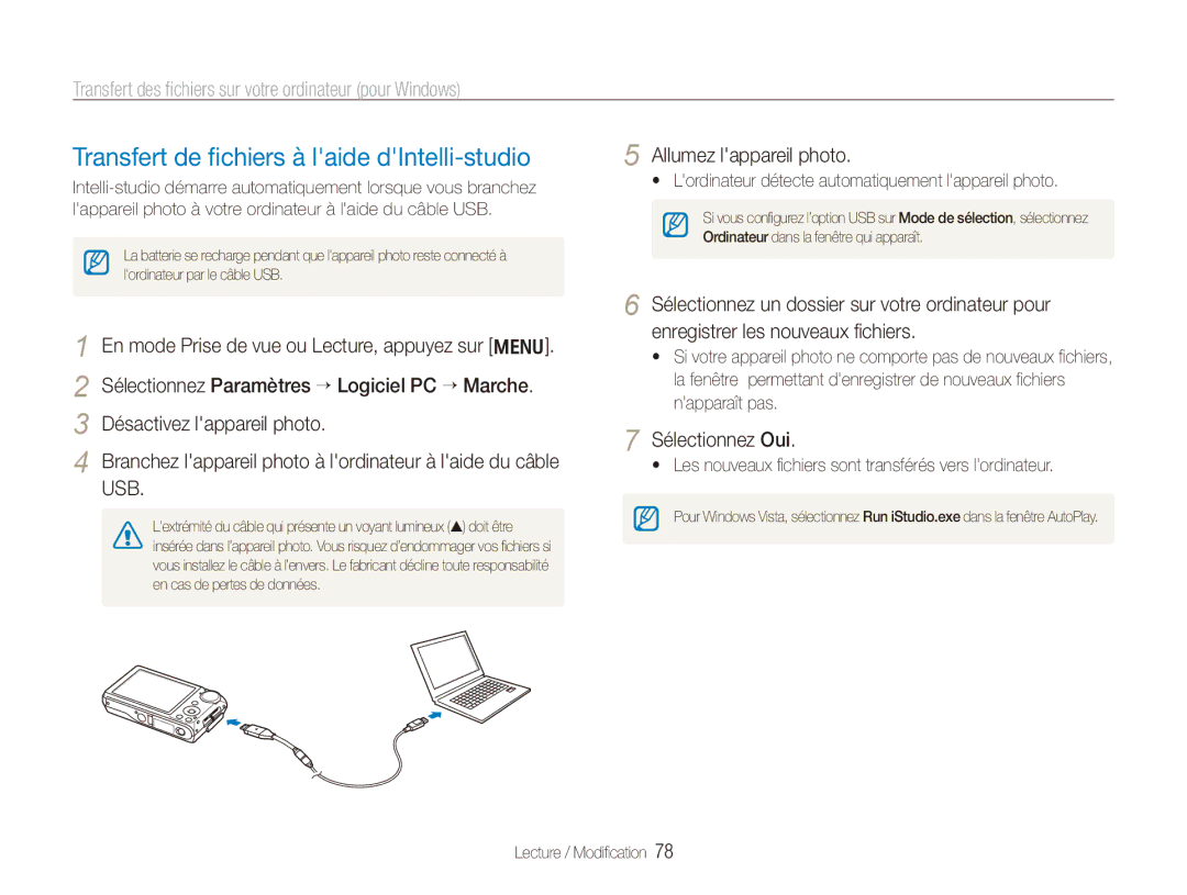 Samsung EC-PL150ZBPLE2 Transfert de fichiers à laide dIntelli-studio, Lordinateur détecte automatiquement lappareil photo 