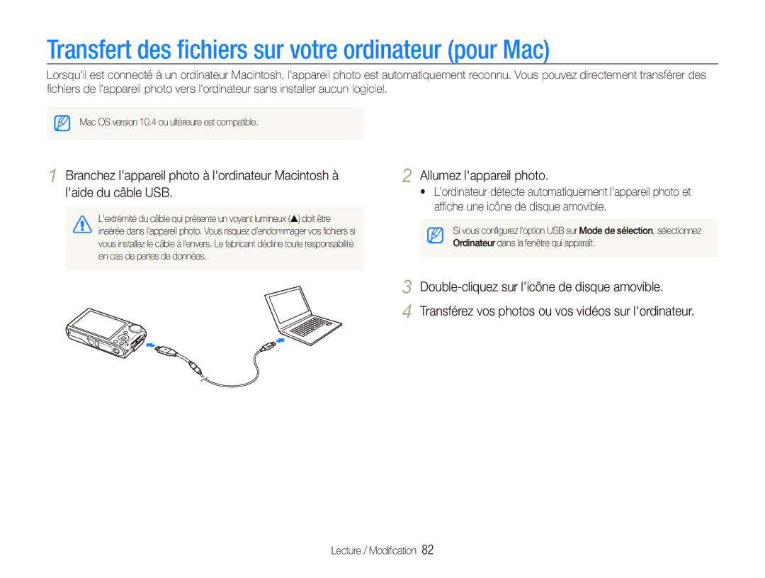 Samsung EC-PL150ZBPUE1, EC-PL151ZBDLE1, EC-PL150ZBPRGB, EC-PL151ZBDRE1 Transfert des ﬁchiers sur votre ordinateur pour Mac 