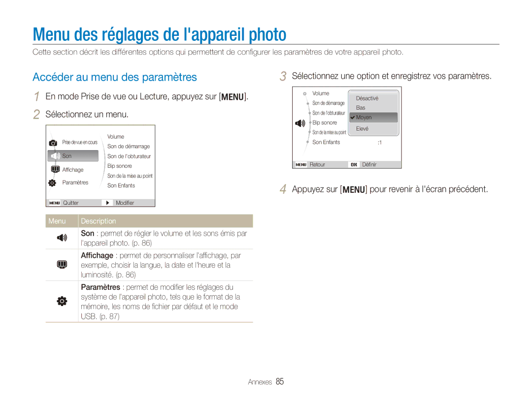 Samsung EC-PL151ZBDUE1 manual Menu des réglages de lappareil photo, Accéder au menu des paramètres, Menu Description 