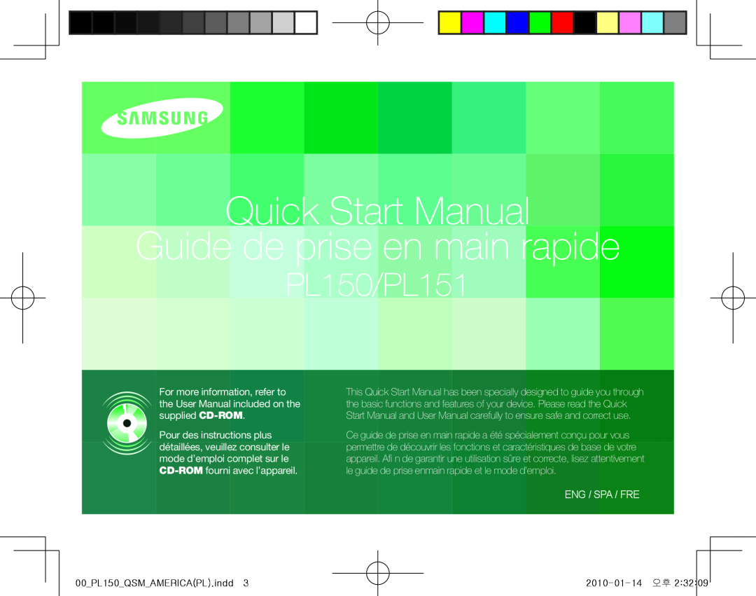 Samsung EC-PL150ZBPRGB manual Eng / Spa / Fre, Quick Start Manual Guide de prise en main rapide, PL150/PL151 