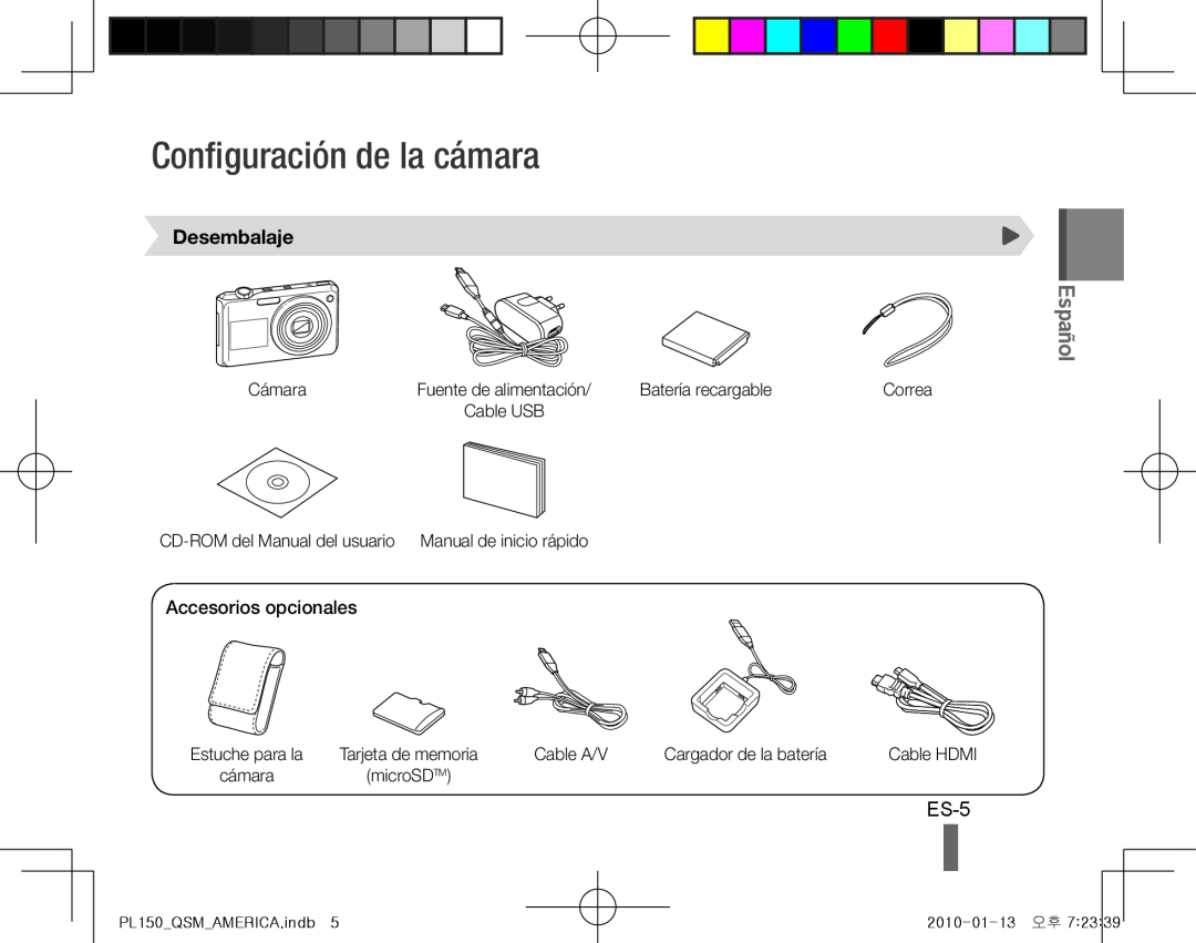 Samsung EC-PL150ZDPRAS, EC-PL151ZBDLE1 manual Configuración de la cámara, ES-5, Desembalaje, Accesorios opcionales, Español 