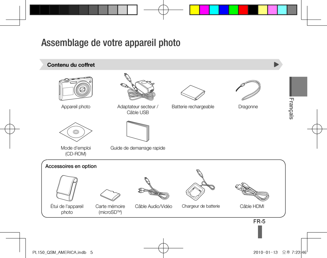 Samsung EC-PL150ZDPPIR manual Assemblage de votre appareil photo, FR-5, Contenu du coffret, Accessoires en option, Français 