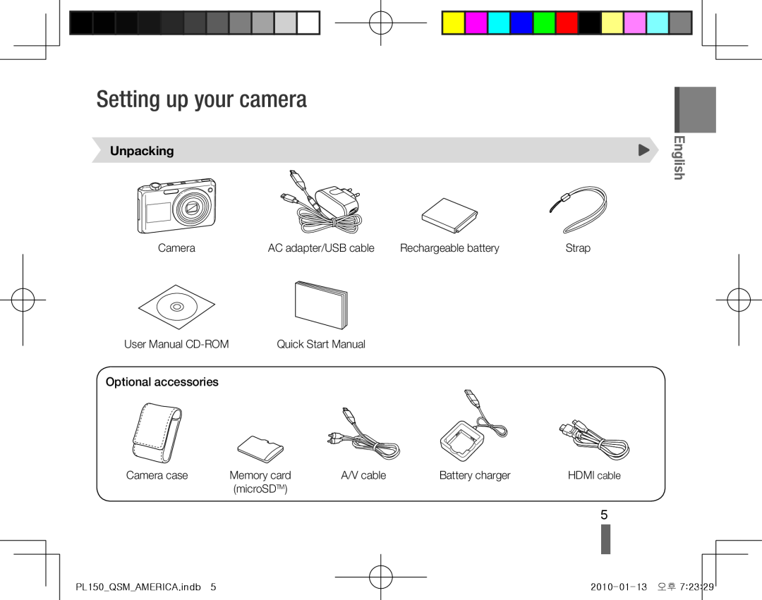 Samsung EC-PL150ZBPLE1, EC-PL151ZBDLE1, EC-PL150ZBPRGB Setting up your camera, Unpacking, Optional accessories, English 