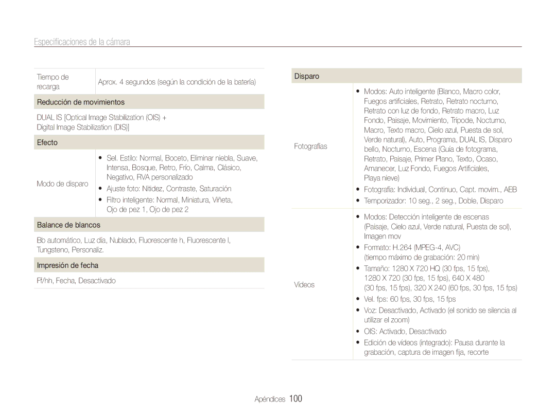 Samsung EC-PL150ZBPUE1, EC-PL151ZBDRE1, EC-PL150ZBPRE1, EC-PL150ZBPLE1 manual Especificaciones de la cámara 