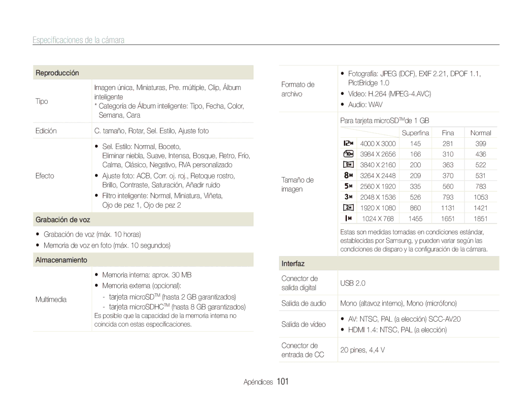 Samsung EC-PL150ZBPRE1, EC-PL151ZBDRE1, EC-PL150ZBPUE1, EC-PL150ZBPLE1 manual Especiﬁcaciones de la cámara 