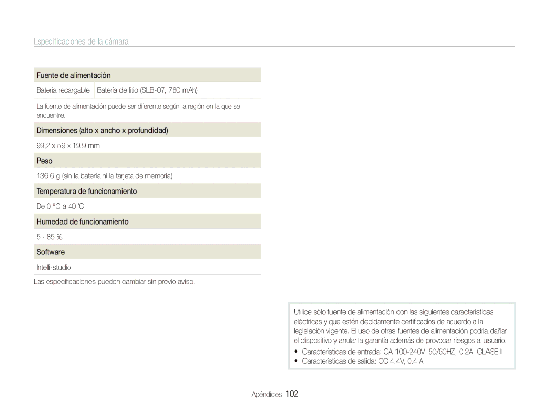 Samsung EC-PL150ZBPLE1, EC-PL151ZBDRE1, EC-PL150ZBPUE1, EC-PL150ZBPRE1 manual Especiﬁcaciones de la cámara 