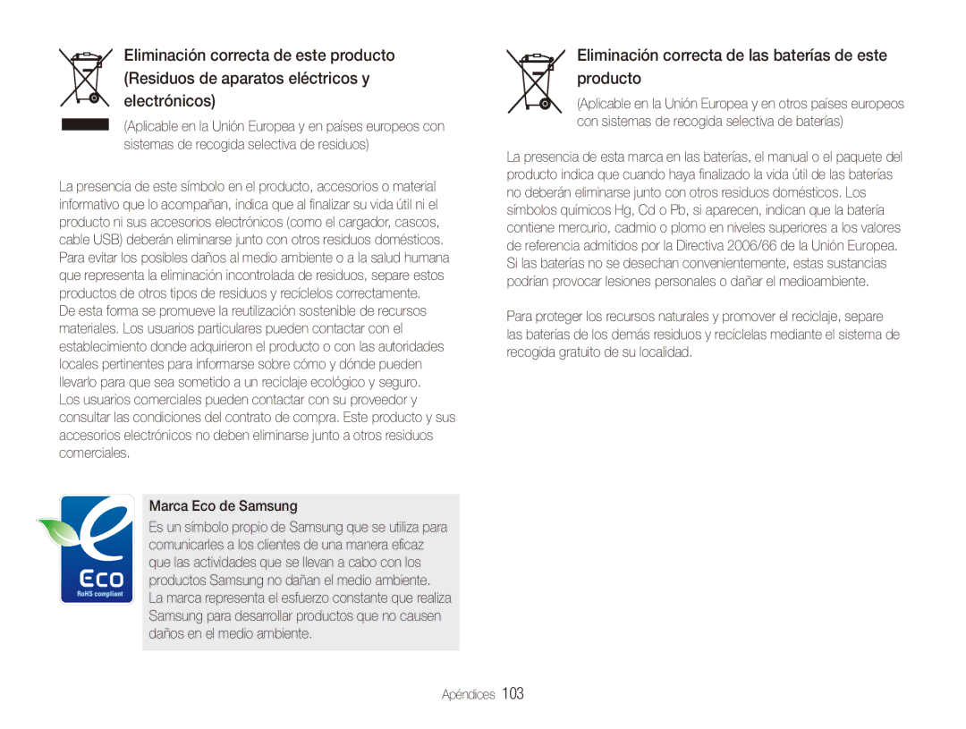 Samsung EC-PL151ZBDRE1, EC-PL150ZBPUE1 manual Eliminación correcta de las baterías de este producto, Marca Eco de Samsung 