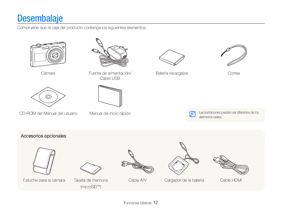 Samsung EC-PL150ZBPUE1 manual Desembalaje, Accesorios opcionales, Batería recargable, CD-ROM del Manual del usuario 