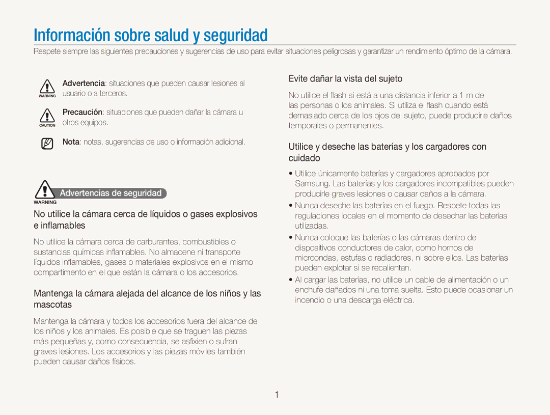 Samsung EC-PL150ZBPRE1 manual Evite dañar la vista del sujeto, Utilice y deseche las baterías y los cargadores con cuidado 