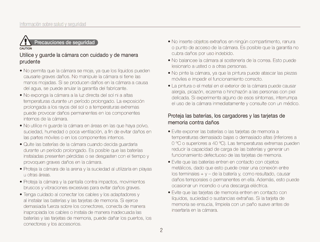 Samsung EC-PL150ZBPLE1 Información sobre salud y seguridad, Utilice y guarde la cámara con cuidado y de manera prudente 