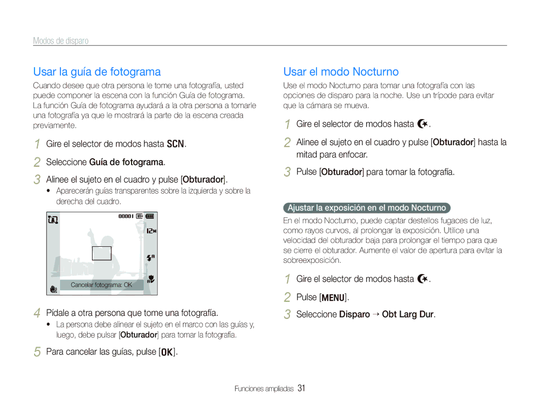 Samsung EC-PL151ZBDRE1 Usar la guía de fotograma, Usar el modo Nocturno, Pídale a otra persona que tome una fotografía 