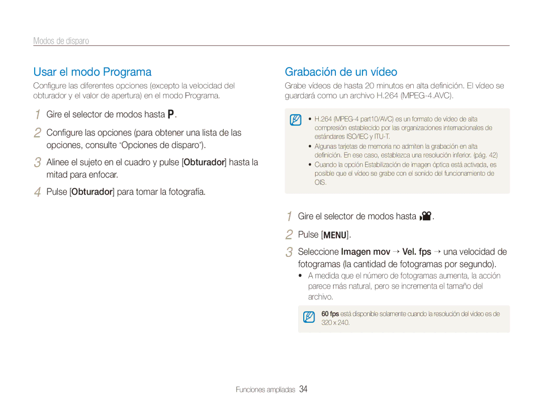 Samsung EC-PL150ZBPLE1, EC-PL151ZBDRE1 Usar el modo Programa, Grabación de un vídeo, Gire el selector de modos hasta p 