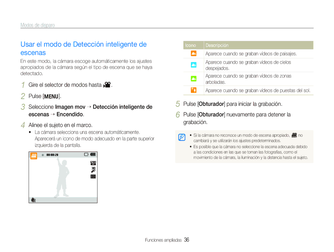 Samsung EC-PL150ZBPUE1 manual Usar el modo de Detección inteligente de escenas, Aparece cuando se graban vídeos de paisajes 