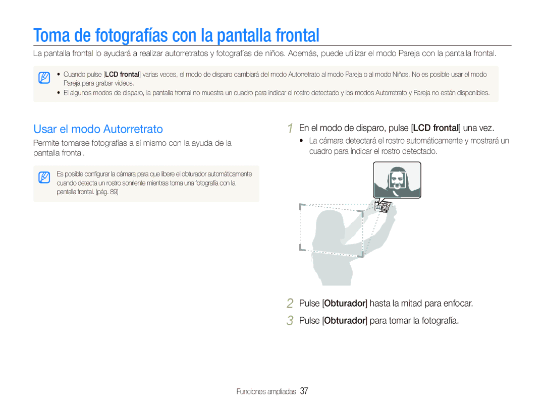Samsung EC-PL150ZBPRE1, EC-PL151ZBDRE1 manual Toma de fotografías con la pantalla frontal, Usar el modo Autorretrato 