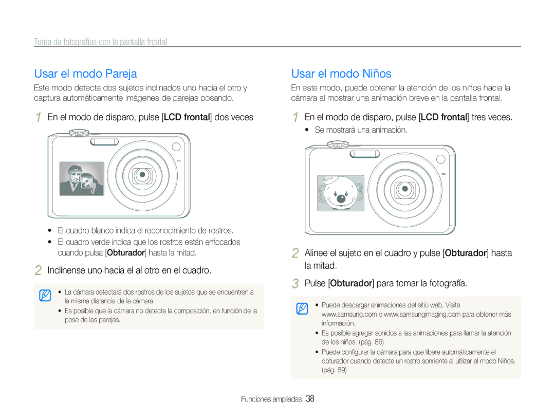 Samsung EC-PL150ZBPLE1 manual Usar el modo Pareja, Usar el modo Niños, Toma de fotografías con la pantalla frontal 