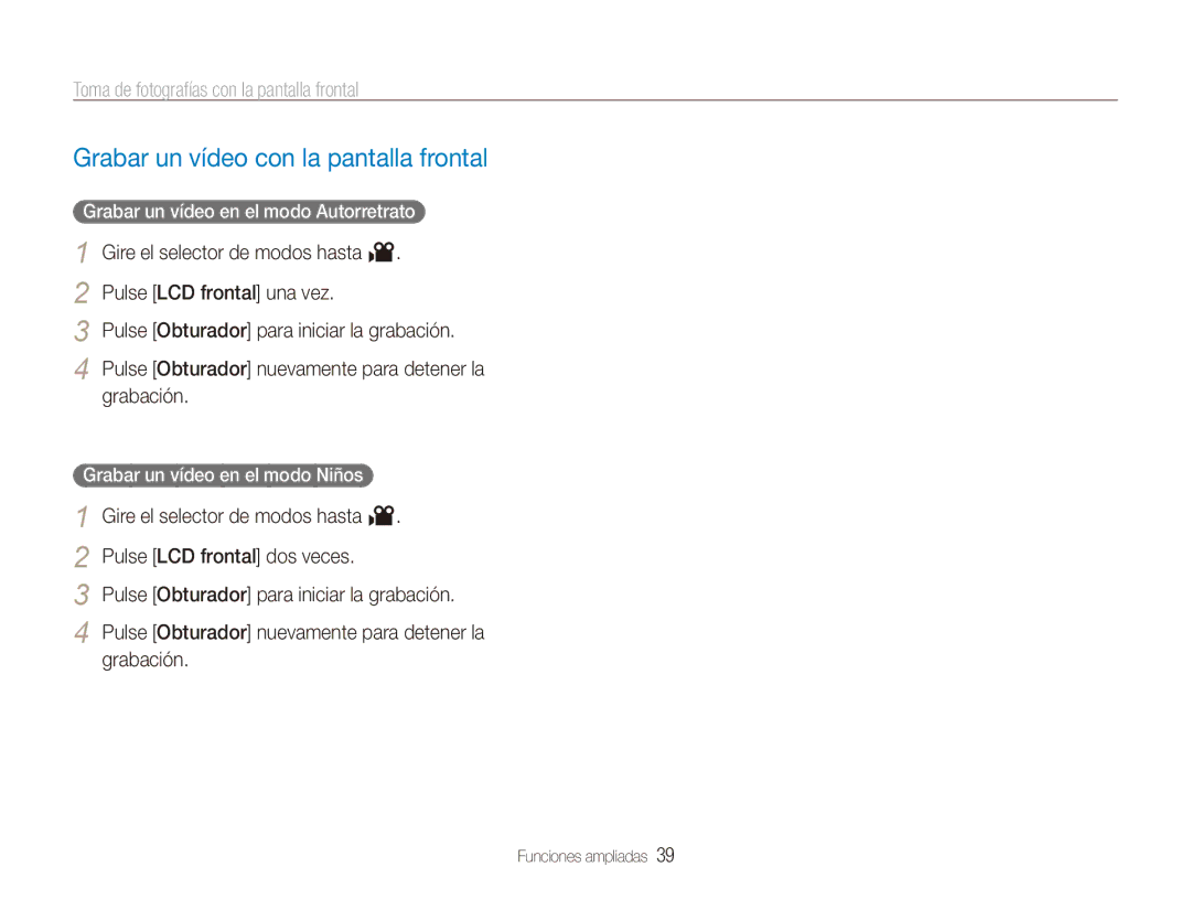 Samsung EC-PL151ZBDRE1, EC-PL150ZBPUE1 Grabar un vídeo con la pantalla frontal, Grabar un vídeo en el modo Autorretrato 