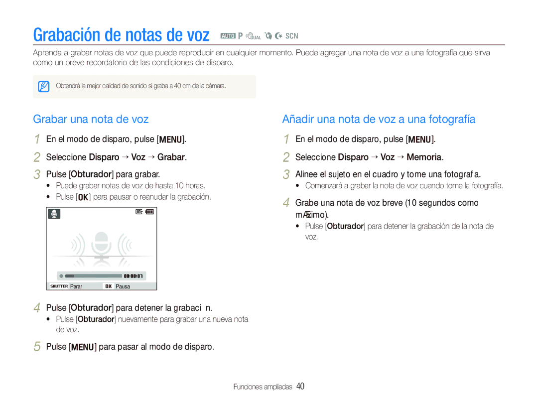 Samsung EC-PL150ZBPUE1, EC-PL151ZBDRE1, EC-PL150ZBPRE1 manual Grabación de notas de voz a p d b N s, Grabar una nota de voz 