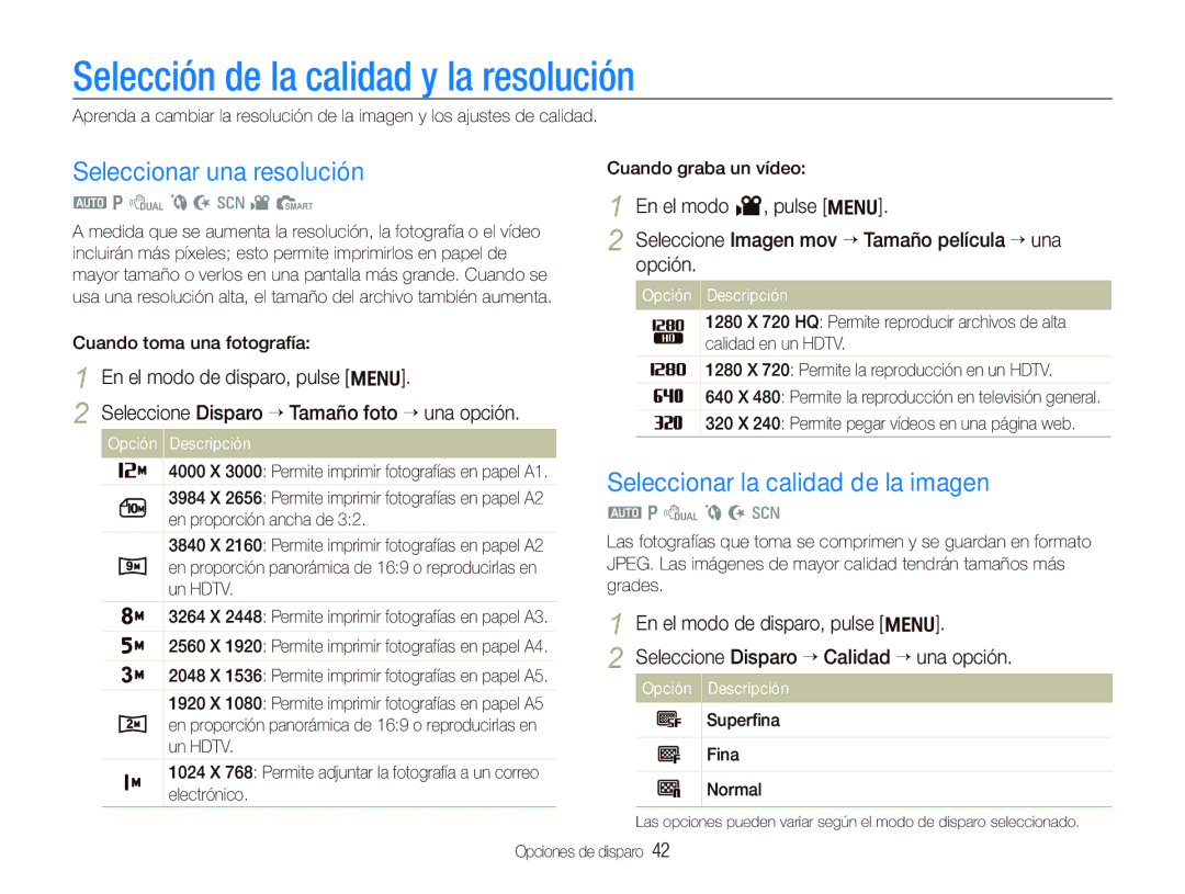 Samsung EC-PL150ZBPLE1 Selección de la calidad y la resolución, Seleccionar una resolución, En el modo de disparo, pulse m 