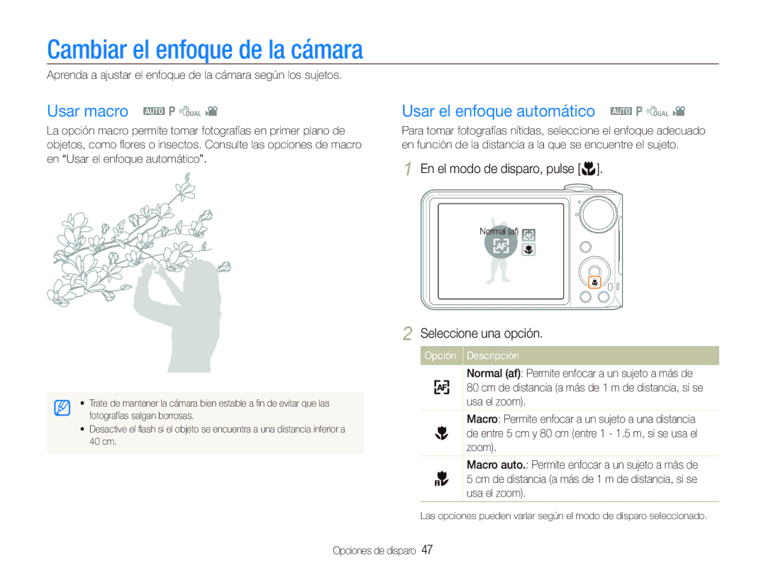 Samsung EC-PL151ZBDRE1, EC-PL150ZBPUE1 Cambiar el enfoque de la cámara, Usar macro a p d, Usar el enfoque automático a p d 