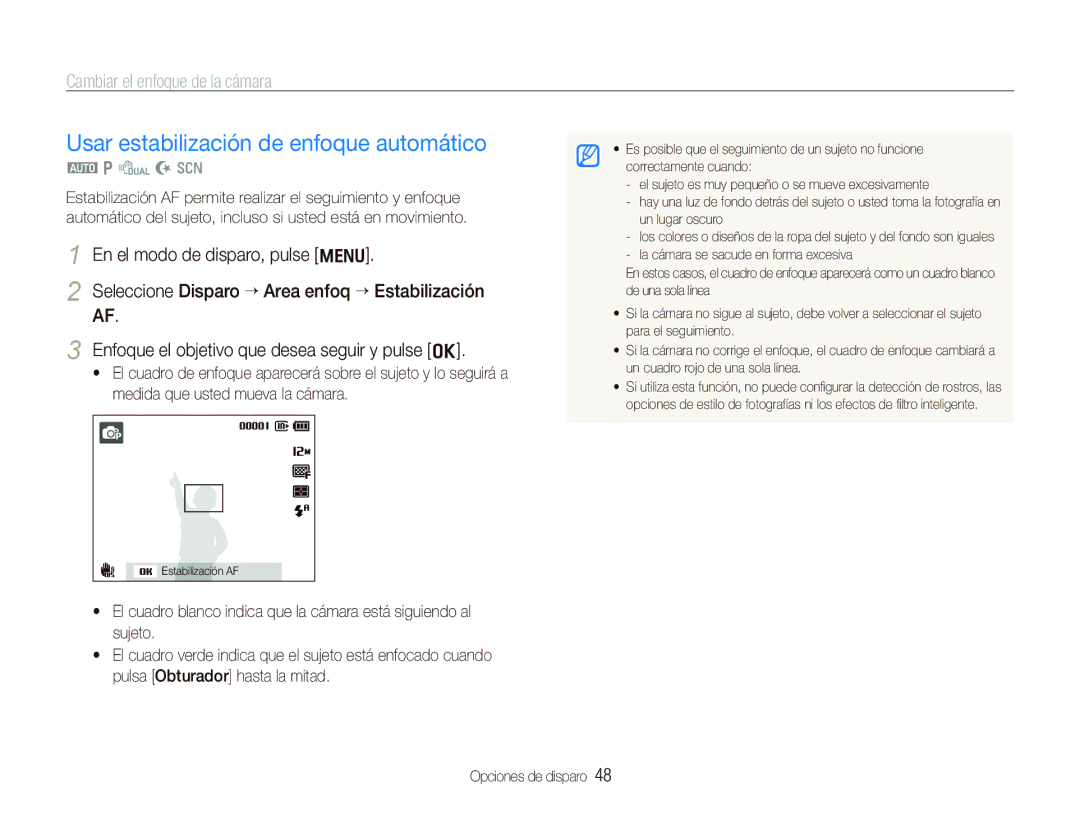 Samsung EC-PL150ZBPUE1, EC-PL151ZBDRE1 manual Usar estabilización de enfoque automático, Cambiar el enfoque de la cámara 